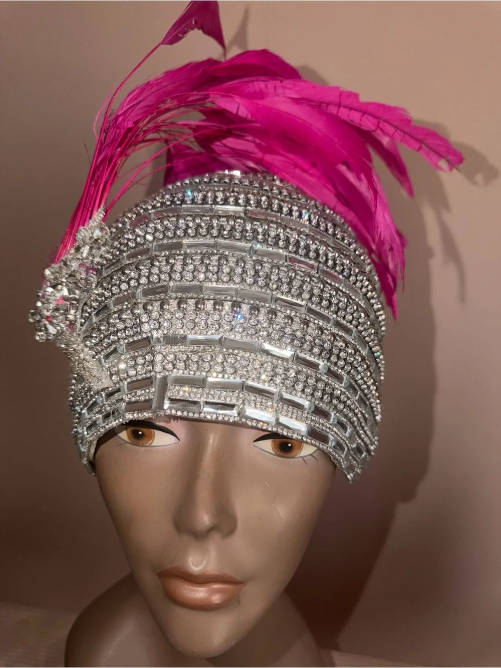 Crystal Beaded Flapper full dome cap with Hot Pink Feathers